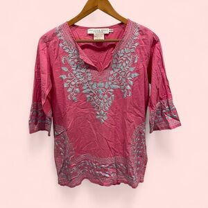 Beautiful Gretchen Scott pink cotton tunic blue floral embroidery trim